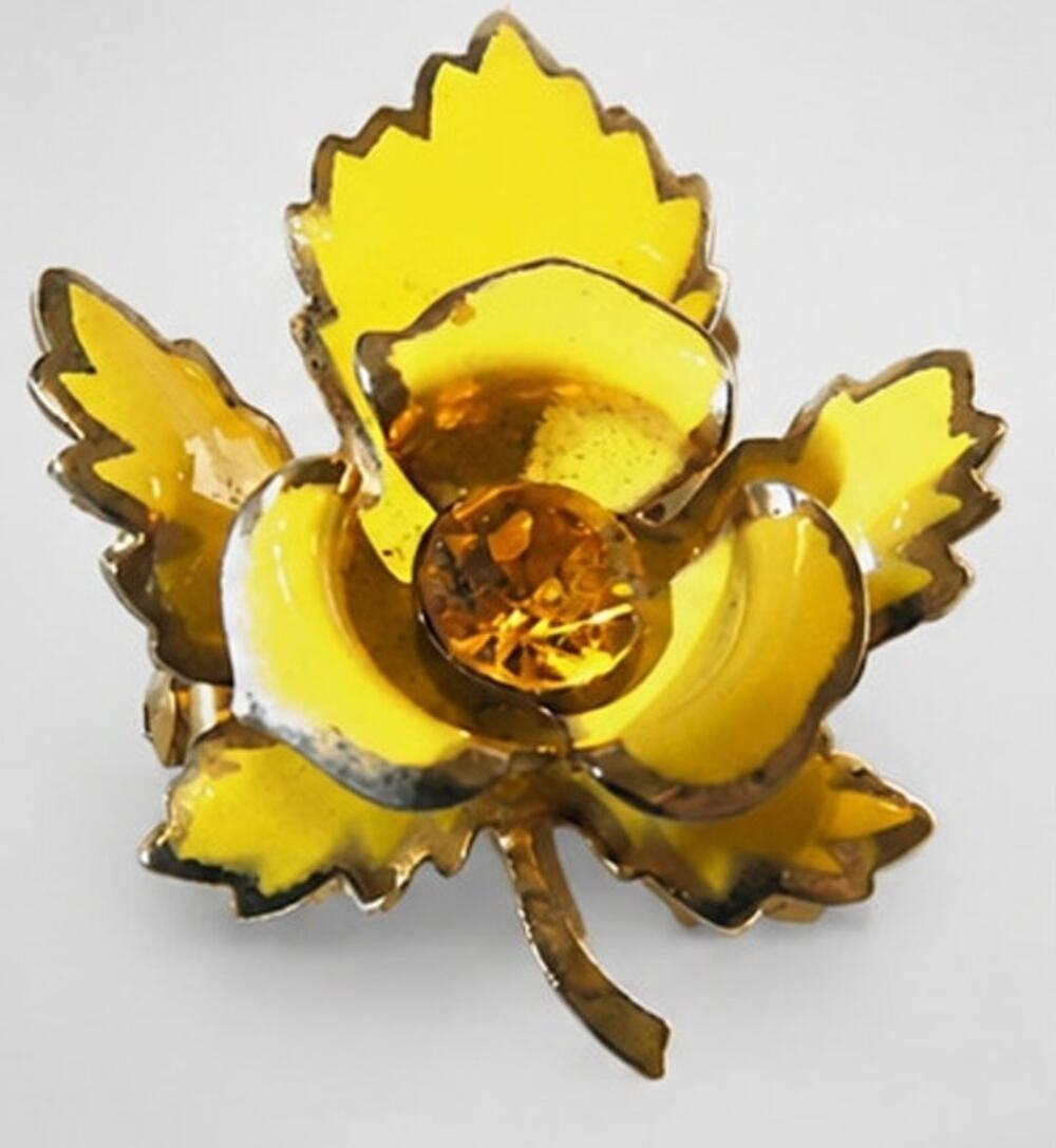 Yellow Rose Brooch Pin 1.75" Flower Enamel Gold-tone‎ 1940s fb1-38